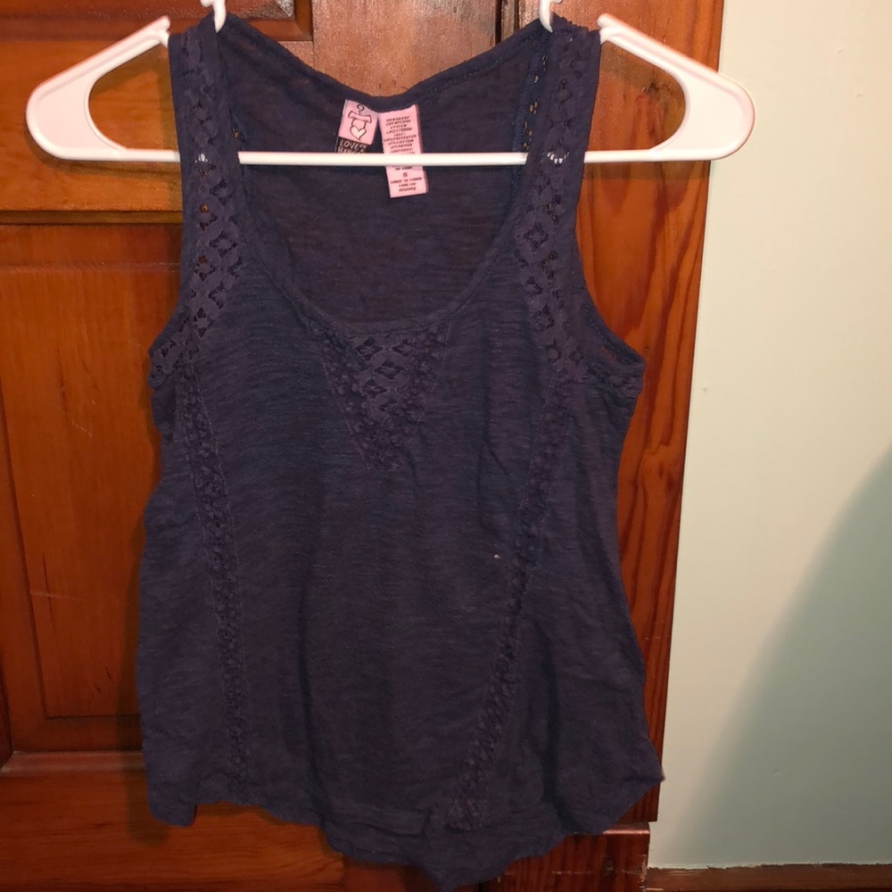 One black and two navy blue tank tops with lace.
